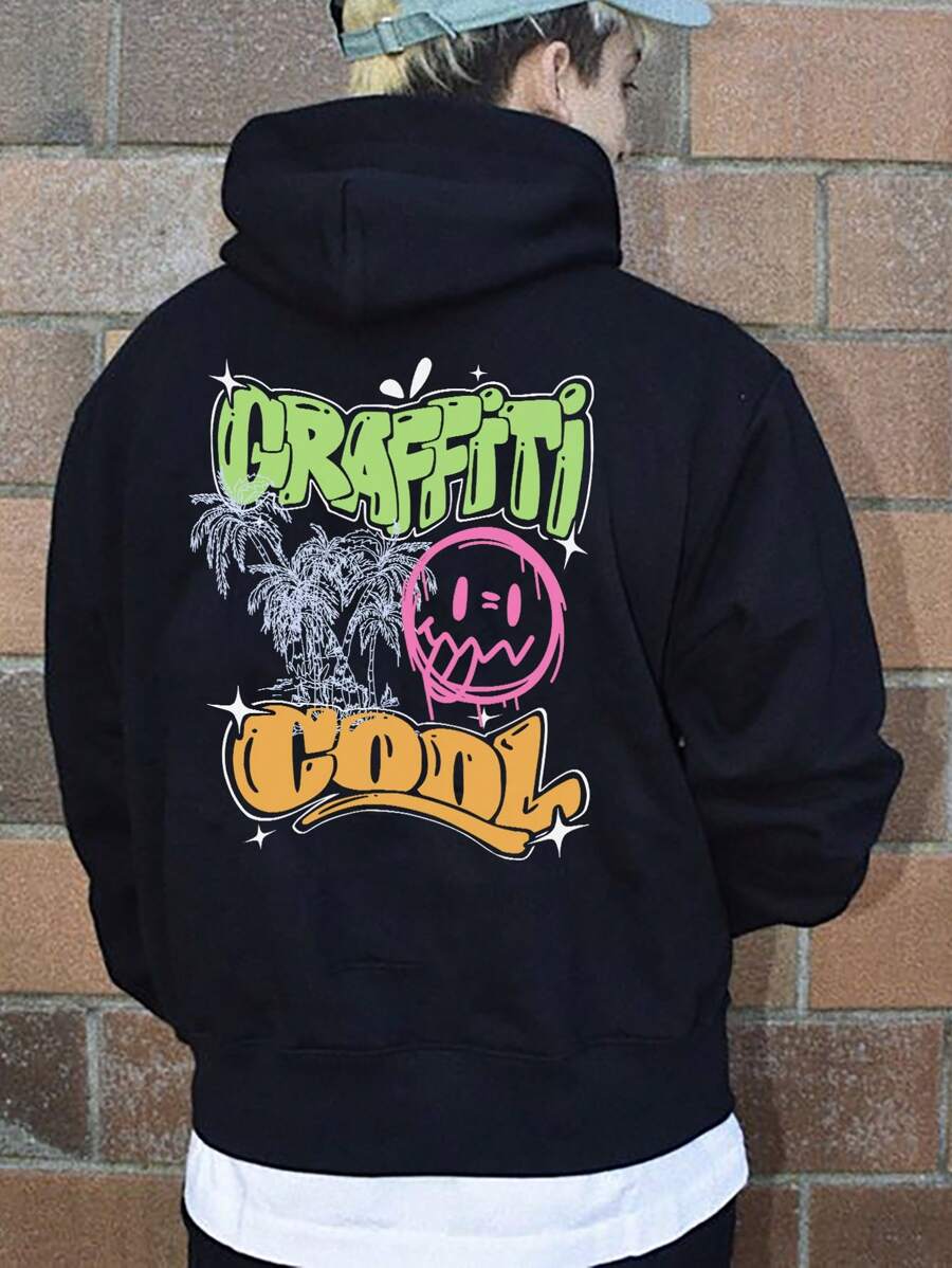 Manfinity Roghcode Men Plus Letter & Palm Tree Print Kangaroo Pocket Drawstring Thermal Hoodie - Black - View 1