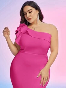 Plus Size One Shoulder Ruffle Hem Solid Bodycon Party Dress - Pink - View 4