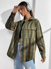 SHEIN Unity Plaid Print Drop Shoulder Flap Pocket Shirt - Multicolor - View 4