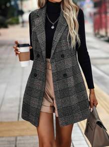 SHEIN LUNE Plaid Double Breasted Vest Blazer - Grey - View 5