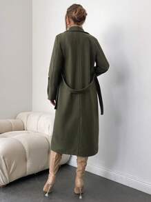 EURMUSE Lapel Neck Double Button Belted Overcoat - Khaki - View 2