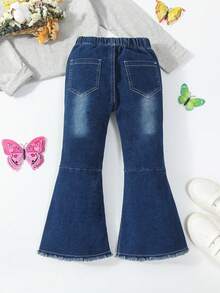 Young Girl Butterfly Embroidery Bow Front Flare Leg Jeans - Dark Wash - View 2