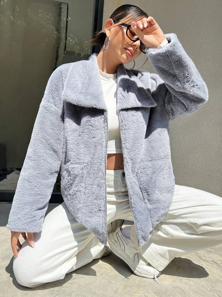 Zip Up Drop Shoulder Teddy Coat Fall Cloth For Women