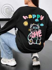 Flirla Plus Cartoon & Letter Graphic Sweatshirt Pullover Fall Sweatshirt - Black - View 4