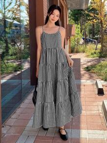 Dazy Star Gingham Print Ruffle Hem Cami Dress Sundress
