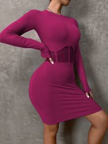 Allurite 嵌入網紗條紋針織緊身洋裝 - 玫紅色 - 查看 6