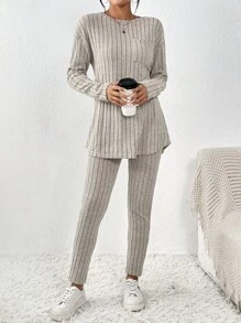 SHEIN Frenchy Ribbed Knit Drop Shoulder Tee & Leggings - Apricot - View 5