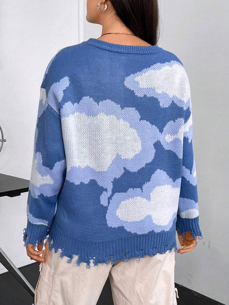 Plus Cloud Pattern Drop Shoulder Distressed Trim Sweater Knit Pullover Fall Winter Sweater