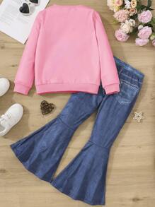 SHEIN Young Girls' Printed Sweatshirt And Flared Pants With Denim Effect Set