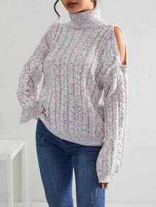 SHEIN Essnce Space Dye Turtleneck Cold Shoulder Cable Knit Sweater - Multicolor - View 5