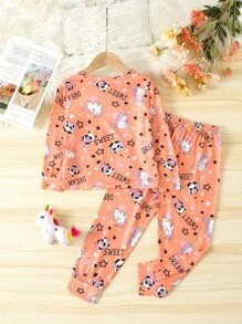 2pcs/set Girls' Cartoon Panda Pattern Knitted Long Sleeve Top And Pants Pajamas Set - Coral Pink - View 2
