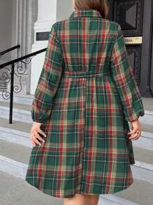 SHEIN LUNE Plus Tartan Print Belted Shirt Dress Maxi Women Outfit