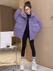 Tween Girl Flap Pocket Drop Shoulder Zip Up Quilted Coat - Purple - View 3