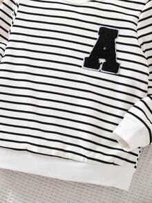 SHEIN Young Boy 2pcs Striped Letter Patched Sweatshirt - Black and White - View 7