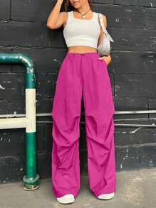 Coolane Pantalones parachute unicolor de cintura con cordón - Rosa Fucsia - Ver 3