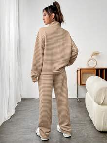 SHEIN Unity Half Button Drop Shoulder Sweatshirt & Sweatpants - Khaki - View 2