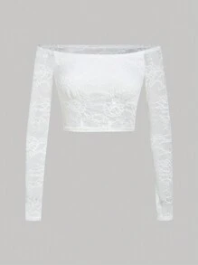 SHEIN Unity Top de hombros descubiertos crop con encaje - Blanco - Ver 1