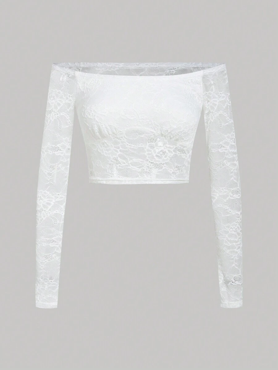 SHEIN Unity Top de hombros descubiertos crop con encaje - Blanco - Ver 1