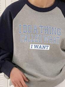 DAZY Đồ họa Chữ cái Tay Raglan Áo chui đầu Oversized - Xám - Xem 7