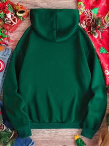 SHEIN EZwear In Giáng sinh Túi kangaroo Dây rút Áo hoodie ấm áp - màu xanh lá - Xem 2