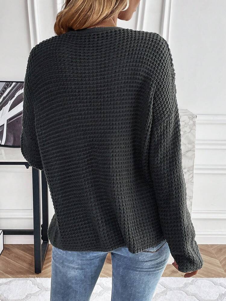 Button Front Drop Shoulder Knit Pullover Fall Winter Sweater