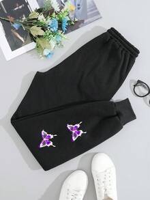 SHEIN EZwear 蝴蝶圖案腰部抽繩衛褲 - 黑色 - 查看 3