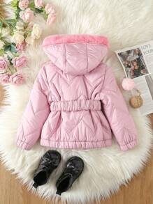 SHEIN Abrigo acolchado y con relleno para niña pequeña con capucha con borde de peluche y cinturón - Rosa - Ver 2