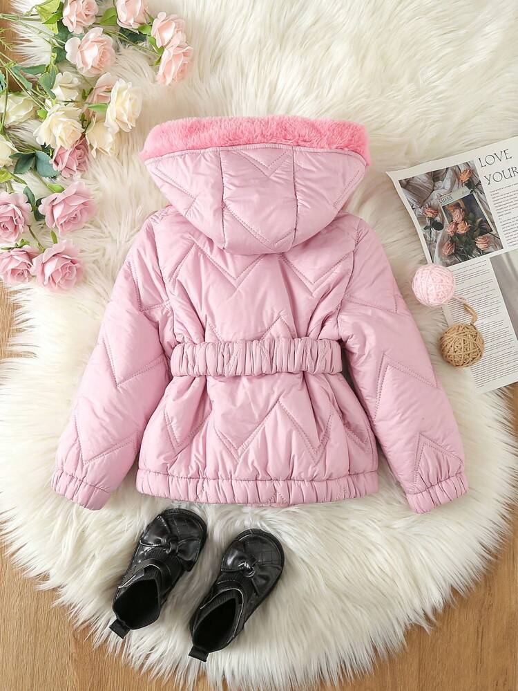 Young Girl Fuzzy Trim Hooded Belted Quilted Padded Coat