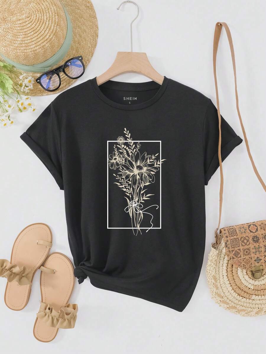 SHEIN EZwear Camiseta con estampado floral - Negro - Ver 1