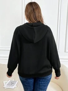 SHEIN LUNE Áo nỉ tay raglan có khóa kéo nửa thân, túi kangaroo, cỡ lớn. - màu đen - Xem 3