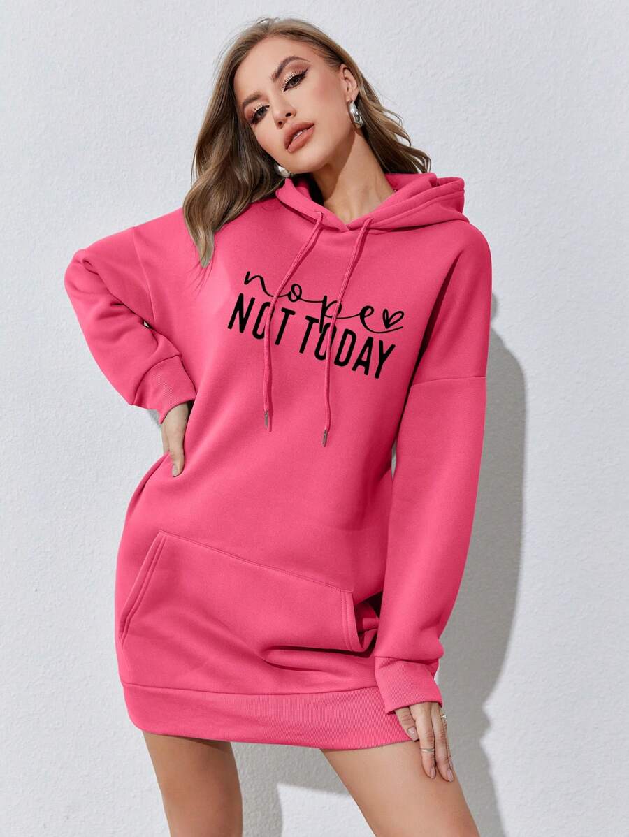 SHEIN EZwear 標語圖案袋鼠口袋落肩袖抽繩連帽洋裝 - 玫紅色 - 查看 1