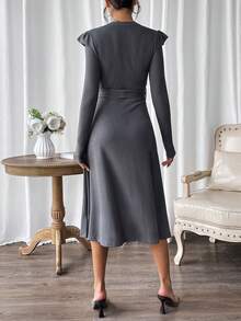 SHEIN Essnce Solid Belted A-line Dress - Dark Grey - View 2