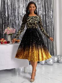 SHEIN Lady 燙金花朵印花漸變圖案A字洋裝 - 彩色 - 查看 6