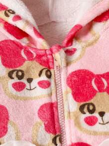 女嬰卡通圖案褶邊保暖連帽夾克和褲子 - 粉色 - 查看 7