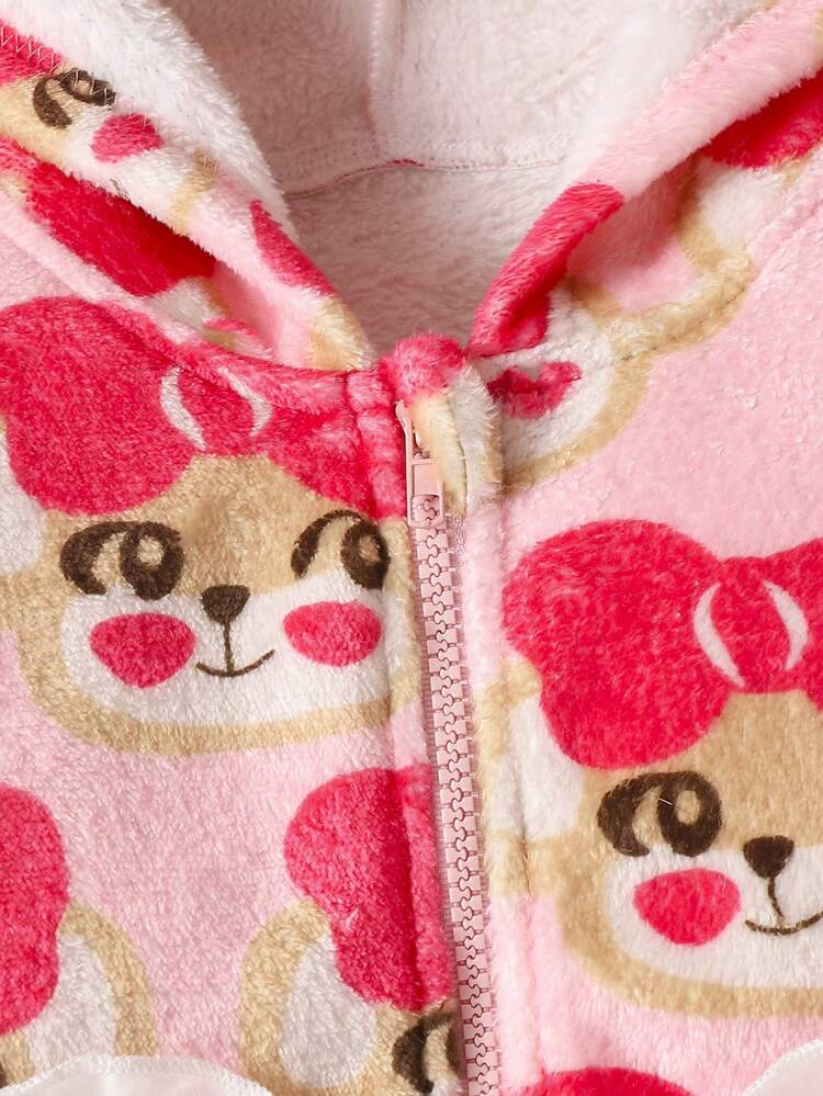 Baby Girl Cartoon Graphic Frill Trim Thermal Hooded Jacket & Pants