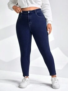 SHEIN Essnce Talla grande Jeans ajustados con bolsillo oblicuo - Azul lavado oscuro - Ver 5