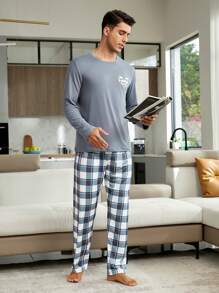 男士格紋和心形圖案長袖襯衫和褲子睡衣套裝 - 灰色 - 查看 6