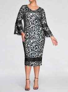 SHEIN Clasi Plus Allover Print Contrast Mesh Flounce Sleeve Fitted Dress - Multicolor - View 3