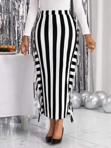SHEIN Lady Gestreepte print Franjetrim Gespleten zoom Kokerrok