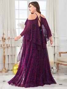 Plus Cold Shoulder Ruffle Trim Draped Side Glitter Formal Dress - Purple - View 2