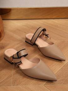 Zapatillas De Punta Baja Con Tacón Bajo De Moda Para Mujer, Sandalias De Nuevo Diseño - Caqui - Ver 3