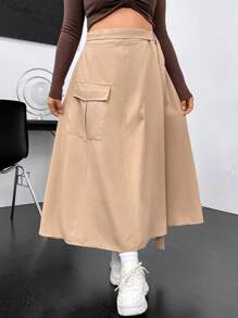 SHEIN Unity Plus Flap Pocket Buckled Detail Skirt - Apricot - View 5