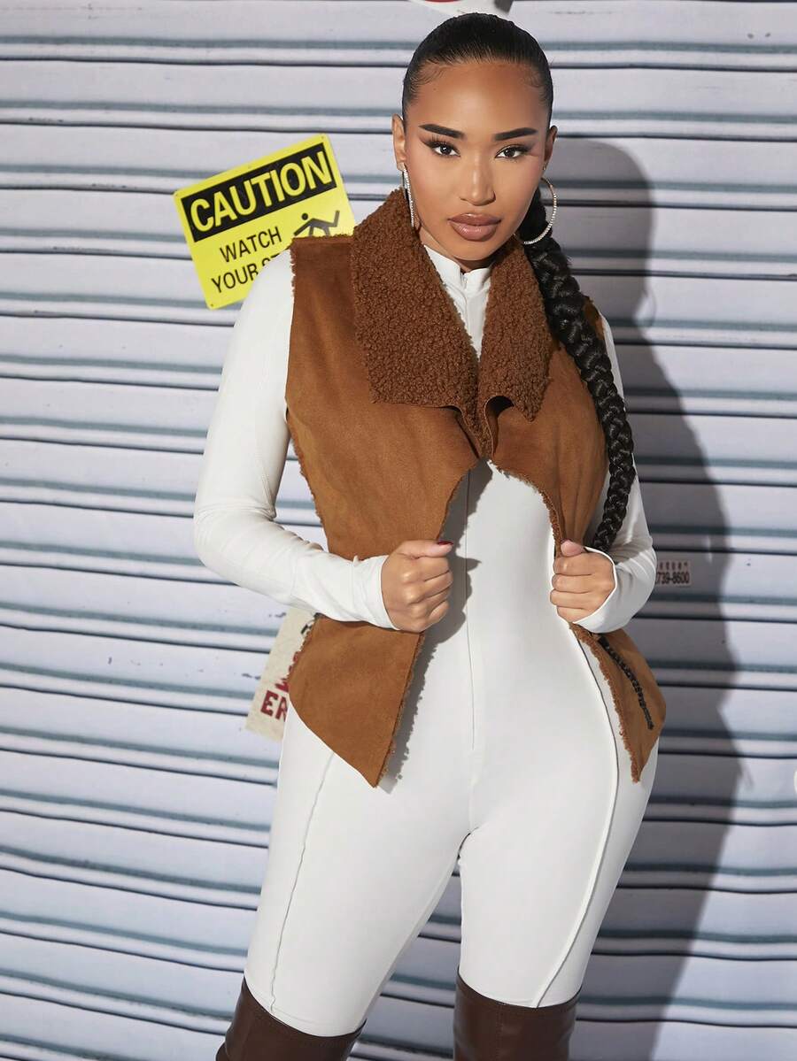 SHEIN SXY Lót Teddy Cổ áo thác nước Áo vest - màu nâu - Xem 1