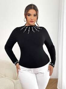 SHEIN Privé 大碼仿珍珠細節小立領T恤 - 黑色 - 查看 4