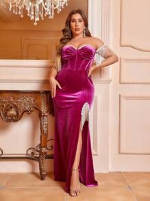 SHEIN Belle 魚骨結構,鋼骨,珠鏈流蘇,豪華性感大尺碼晚禮服（重工業風格） - 玫紅色 - 查看 1