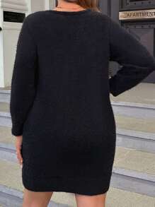 SHEIN Clasi Plus Solid Fuzzy Sweater Dress Without Belt - Black - View 2