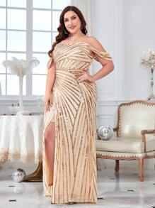 Plus Cold Shoulder Split Thigh Sequin Formal Dress - Champagne - View 5
