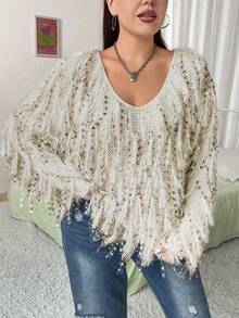 SHEIN ICON Hơn Viền rìa Cổ v Thả vai Áo len - Màu be - Xem 6