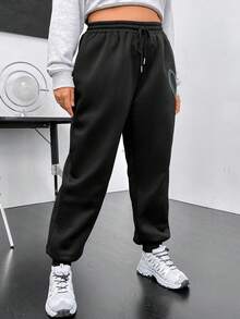 SHEIN MOOSTA 大碼愛心圖案腰部抽繩衛褲 - 黑色 - 查看 3