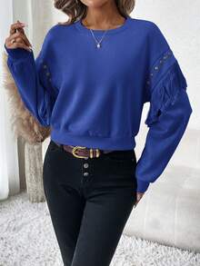 SHEIN Clasi Studded Detail Fringe Trim Drop Shoulder Sweatshirt - Royal Blue - View 3
